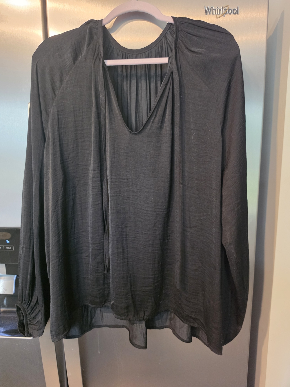 Black V-Neck Long-Sleeve Blouse with Tie Detail